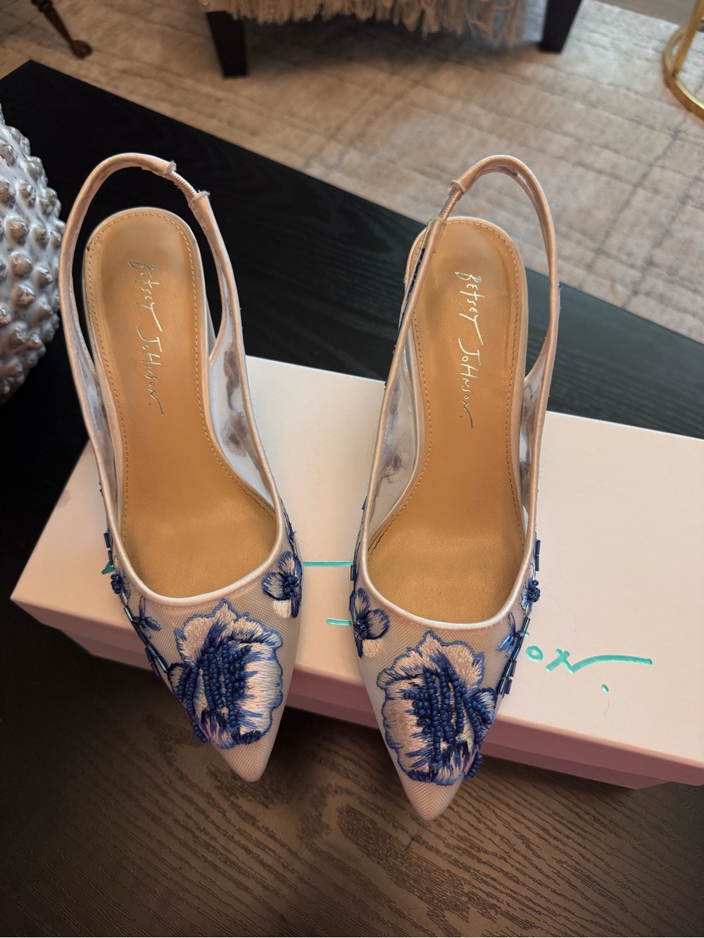 Betsey Johnson White Slingback Pumps with Blue Floral Embroidery